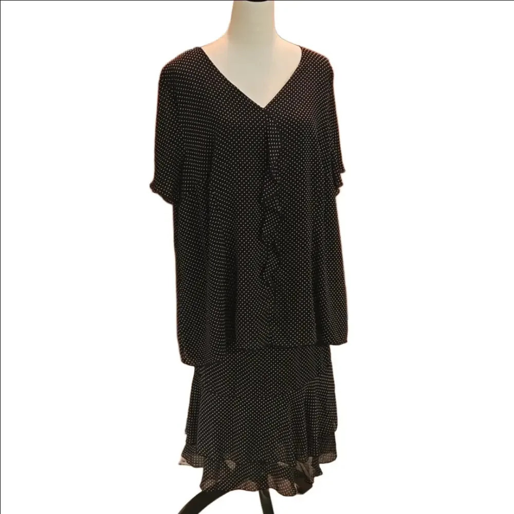 VTG Sag Harbor 2 pc Dress Midnight Blue White Polka Dots Layered Skirt size 2X